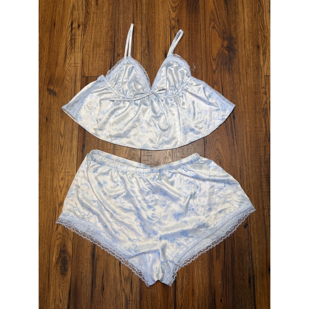 No Boundaries Blue White Horse Satin Pajama Cami and Shorts Set XS 0-2
